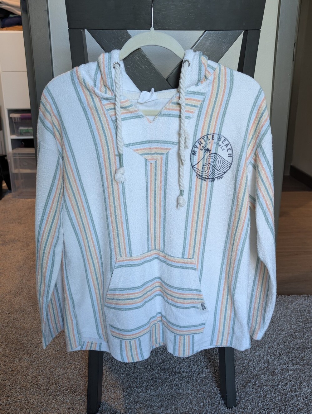 Myrtle Beach Striped Hooded Baja Pullover - White with Teal & Peach Stripes